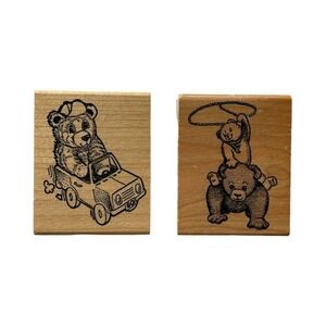 Vintage Wood Block Rubber Stamp Hamilton Arts Teddy Bear Car Rodeo Lasso Set